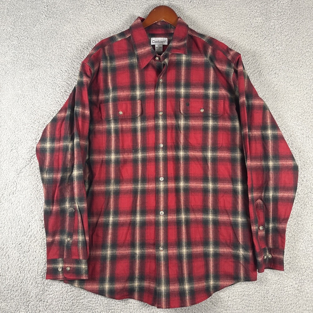Carhartt Plaid Flannel Shirt Mens XL Red Black Button Up Heavyweight Cotton Work